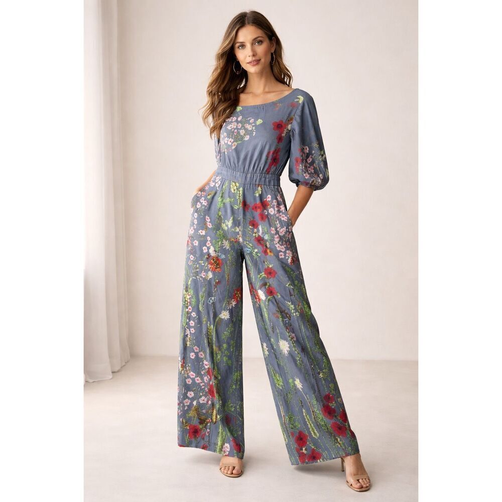 Noracora One Shoulder Floral Wide Leg Jumpsuit Blue Boho Medium